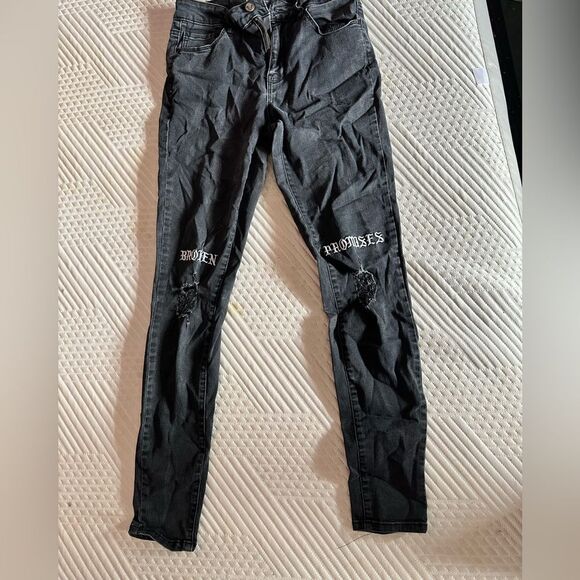 Denim - Broken Promises Distressed Skinny Jeans with White Text